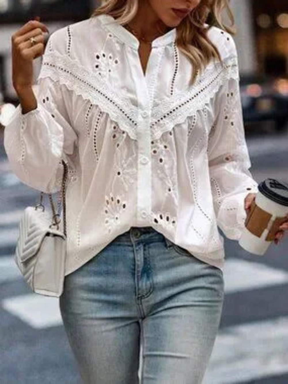 White Boho Women's Plus Size Casual Floral Embroidered Loose Long Sleeve Shirt